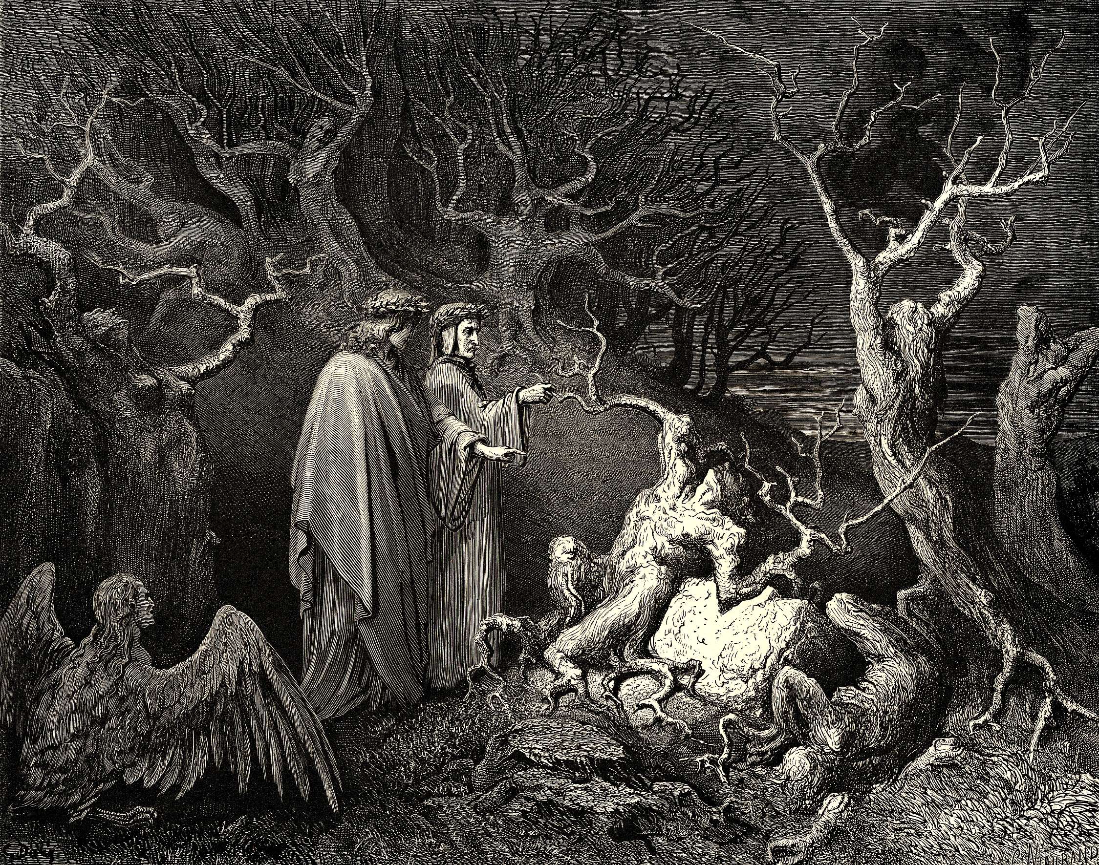 Dante's Inferno. Canto XIII, line 11: 'Here [suicide tree] the brute  Harpies make their nest' (at right: Dante and Virgil). Italian poet Dante  Alighie Stock Photo - Alamy